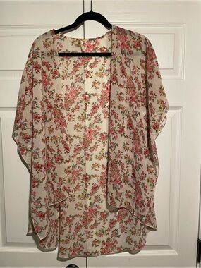 Floral Sheer Open-Front Kimono Jacket - Pink/Cream